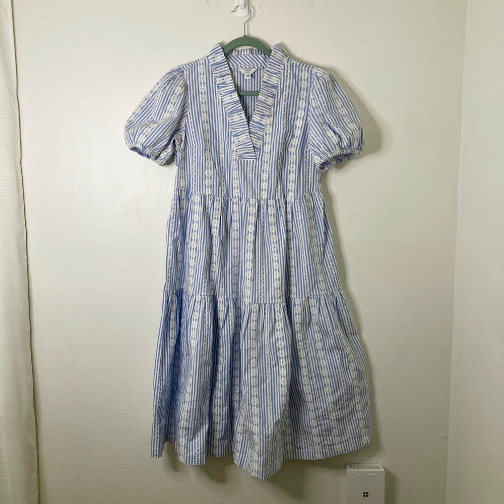 Crown & Ivy Blue White Striped Eyelet Tiered Midi Dress Coastal Preppy PM